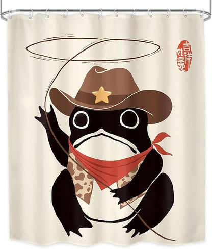 LGhtyro Funny Cowboy Frog Shower Curtain Bathroom Set 60Wx71H Inches Western Rodeo Animal Cute Hat Retro Asian Traditional Japanese Art Bath Accessories Black Beige Art Home Decor Fabric 12 Pack Hooks