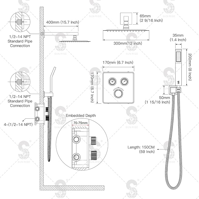 SR SUN RISE 100℉ Thermostatic Shower System,12" Luxury Rainfall Shower Head and High-Pressure Handheld Bathroom Shower Faucet Set,Shower Valve and Trim Kit Included (Matte Black)