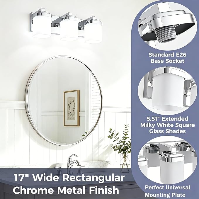 Modern Vanity Lights for Bathroom, Farmhouse Lighting Fixtures | 3-light chrome bathroom light fixtures over mirror, 17 inches bathroom light wall sconce with milky white square glass shade