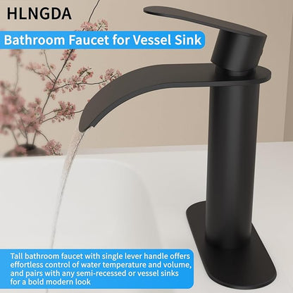 Vessel Sink Faucet,1 Hole Single Handle Tall Bathroom Vanity Faucets,Faucet for Bathroom Sink Modern Utility with Metal Pop Up Drain,Rv Lavatory Faucet Basin Mix Tap Solid Brass,Matte Black