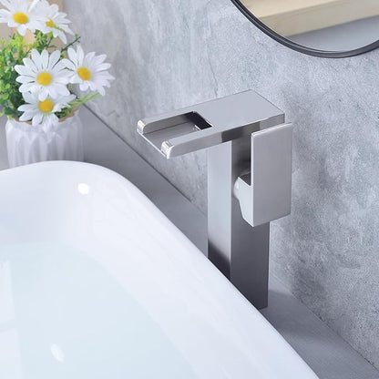 LED Waterfall Bathroom Sink Faucet, 3 Colors Spout Faucet with Water Supply Hose, Single Handle Single Hole Slanted Body Brass Mixer Vanity Sink Tap (Brushed Nickel)