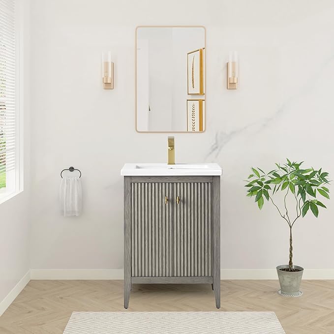 HOMEBEYOND 24" Bathroom Vanity with Ceramic Sink, Solid Wood Free-Standing Vanities Cabinet, Ceramic Top, Golden Brushed Handware & Soft Closing Door, Driftwood Gray