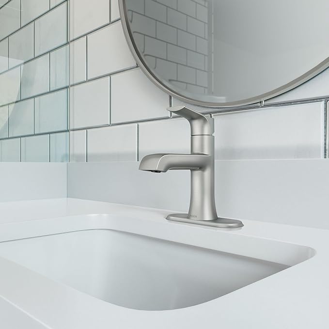 Moen LISO Spot Resist Brushed Nickel One-Handle Bathroom Faucet, One Hole Bathroom Sink Faucet with Optional Deck Plate and Push Down Drain, 84540SRN