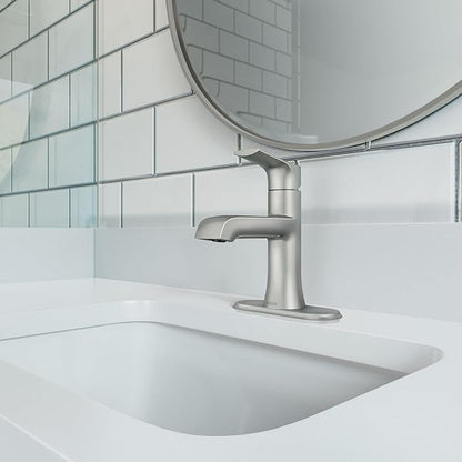Moen LISO Spot Resist Brushed Nickel One-Handle Bathroom Faucet, One Hole Bathroom Sink Faucet with Optional Deck Plate and Push Down Drain, 84540SRN