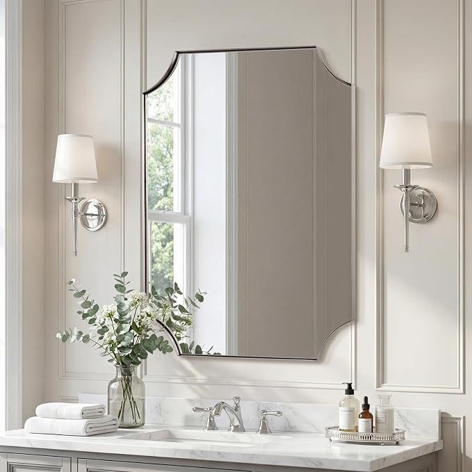 24"x30" Brushed Nickel Vanity Mirror, Scalloped Rectangle Mirror, Silver Wall Mirror in Rustproof Stainless Steel Thin Frame, Aesthetic Scalloped Corners, Designed for Bathroom Remodel
