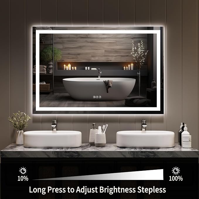 LED Bathroom Mirror 45 x 30 inch, Lighted Bathroom Vanity Mirror with Front Light and Backlit Ambient Light, Frameless Wall Mounted Mirror with Adjustable Color Temperature, 5mm HD Glass