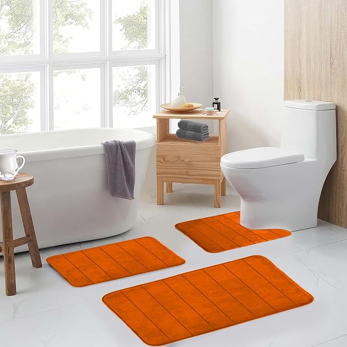 Orange Bathroom Rugs Extra Soft Memory Foam Bath Mat Sets 3 Piece Non Slip Absorbent & Dry Living Mat Sets Washable Bath Carpets with Toilet Rug,Bath Rugs for Bathroom,Tub,Shower,Kitchen,Bedroom