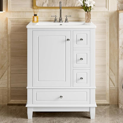 24" Vanity with Sink, Small Bathroom Vanities 24 Inch with Sink, Single Sink Bathroom Vanity with Door Shelf and Three Drawers, Restroom Vanity with Sink Top (White)
