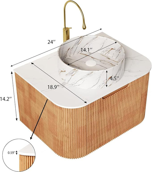 Yayzy 24" Floating Bathroom Vanity with Sink, Solid Wood Fluted Cabinet, White Marble-Patterned Ceramic Basin & Faux Marble Top, Soft-Close Drawer, Pre-Assembled, Natural Woodgrain