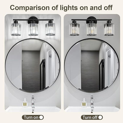 Crystal Bathroom Light Fixtures, Bathroom Lighting Fixtures Over Mirror, Modern Black 3-Light Vanity Lights for Mirror, Restroom, Bedroom (Ceramic E26 Socket,Bulbs Not Include)