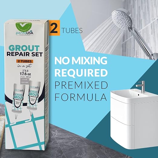 Premixed Tile Grout Repair - Light Gray 2-Pack (17.6oz/500g) | Acrylic sanded formula, for bathroom shower kitchen tile, water-resistant, 24-hour cure, 58 sq ft, value 2-pack