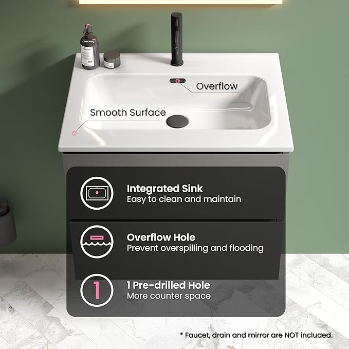 24" Bathroom Vanity with Sink, Modern Floating Vanity with Double Soft Closing Drawers, Large Storage for Small Space, Space Gray, Fully Assembled - Iris Collection
