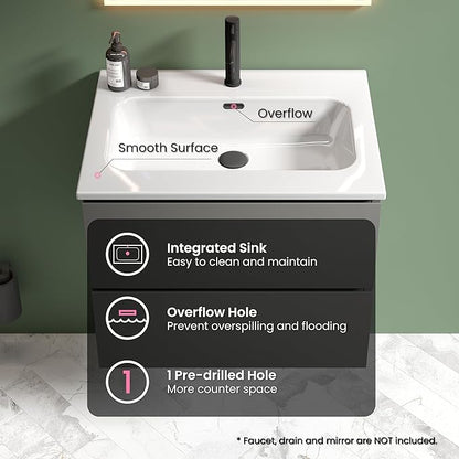 24" Bathroom Vanity with Sink, Modern Floating Vanity with Double Soft Closing Drawers, Large Storage for Small Space, Space Gray, Fully Assembled - Iris Collection
