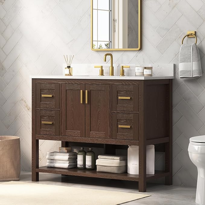 42 Inch Bathroom Vanity with Sink, Fully-Assembled, Walnut | Farmhouse Bathroom Vanity Cabinet with Solid Wood Frame, Soft-Close Drawers & Open Shelf, Ceramic Sink & Backsplash
