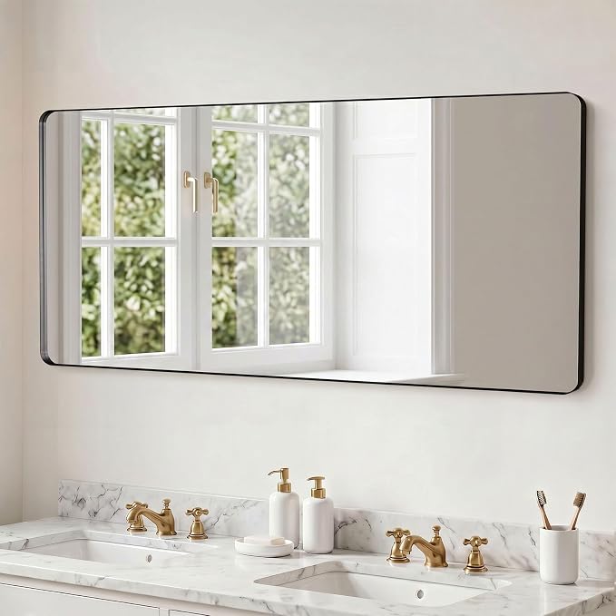 60x28 inch Black Bathroom Mirror Metal Framed Rounded Rectangle | Oversized Wall Mounted Mirror, Anti-Rust, HD Reflection, Tempered Glass, Hangs Horizontally or Vertically
