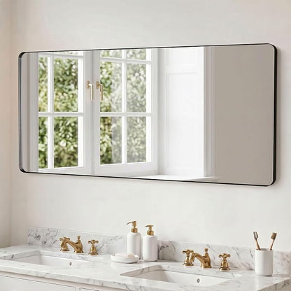 60x28 inch Black Bathroom Mirror Metal Framed Rounded Rectangle | Oversized Wall Mounted Mirror, Anti-Rust, HD Reflection, Tempered Glass, Hangs Horizontally or Vertically
