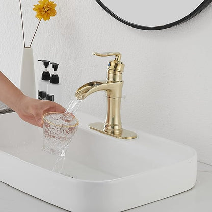Waterfall Bathroom Faucet Brushed Gold GGStudy Single Handle One Hole Farmhouse Bathroom Vanity Faucet Basin Mixter Tap Deck Mount with Drain Assembly