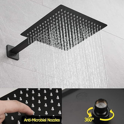Matte Black Rain Shower System Tub Shower Faucet Set 12 Inch Square Rainfall Shower Head with Handheld Sprayer and Tub Spout Rough-in Valve Shower Mixer Combo Kit