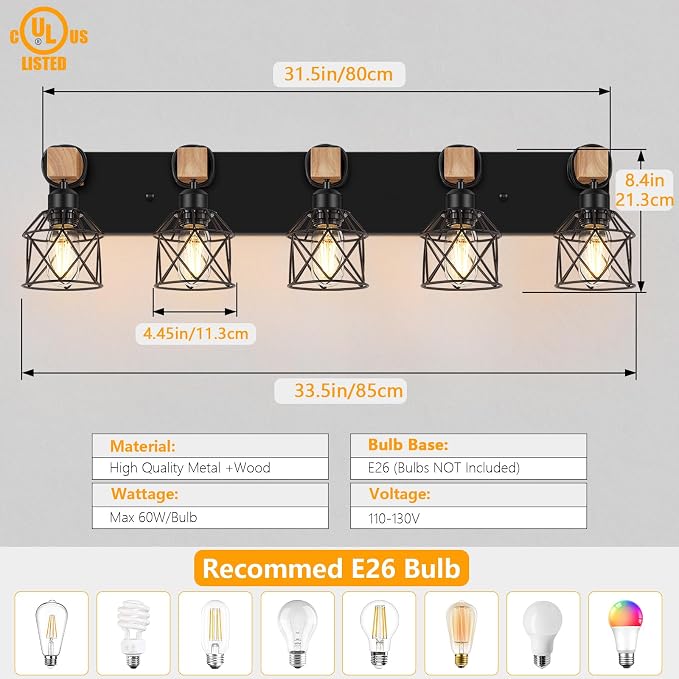 FadimiKoo 5-Light Black Bathroom Light Fixtures, Vanity Lighting Fixtures | Rustic Wood & Black Metal Shade, Wood Bathroom Lighting Fixtures Over Mirror, Wall Sconces for Bathroom Bedroom Living Room
