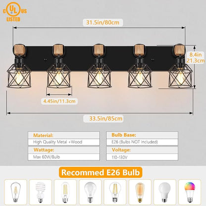 FadimiKoo 5-Light Black Bathroom Light Fixtures, Vanity Lighting Fixtures | Rustic Wood & Black Metal Shade, Wood Bathroom Lighting Fixtures Over Mirror, Wall Sconces for Bathroom Bedroom Living Room