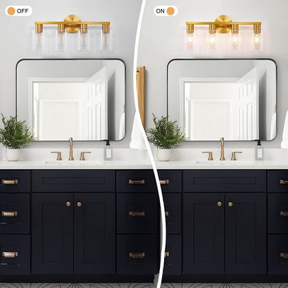 4 Light Gold Bathroom Vanity Light, Brushed Brass Bathroom Light Fixtures with Clear Glass Shade, Modern Wall Lamp Sconce Lighting for Bath Mirror Bedroom Living Room Hallway Porch