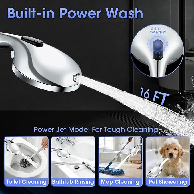 Shower Head with Handheld, High Pressure 10 Spray Modes, Chrome | Built-in Pause Function, Power Wash Mode, Anti-Clog Nozzles, 71 Inch Stainless Steel Hose, Adjustable Overhead Bracket