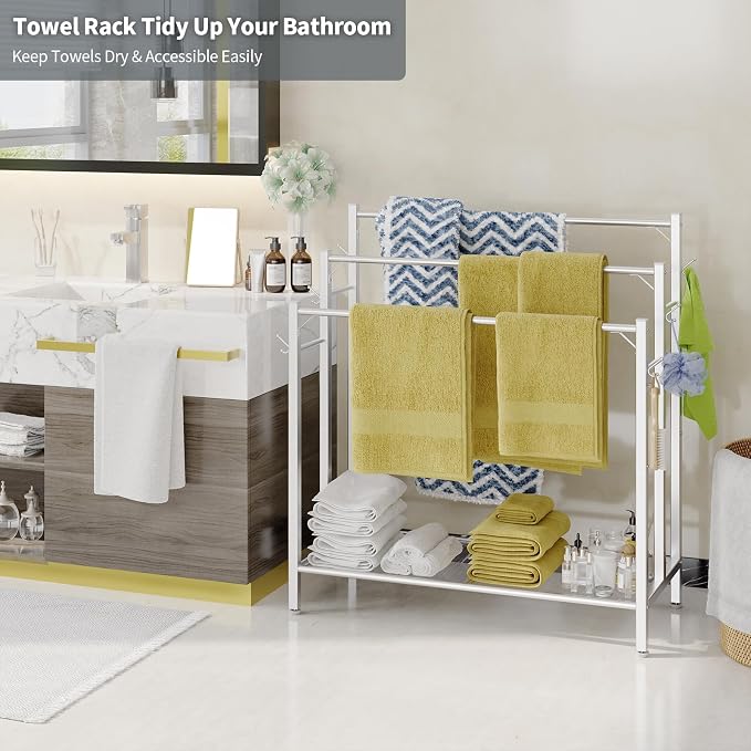 HavenlyYouth Free Standing Towel Rack for Bathroom, 3 Tier Blanket Drying Holder for Outside, Pool Towel Rack with Metal Shelf for Display and Storage, 35.8" H x 31.5" L x 11.8" W, Satin Nickel