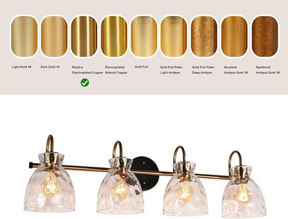 KSANA Bathroom Vanity Lights, Mid-Century Modern 4 Light Bathroom Light Fixtures Black and Electroplated Copper Vanity Lights with Water Ripple Glass