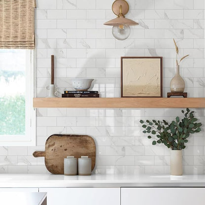 Vamos Tile 100-Piece Peel and Stick Backsplash Seamless Tile,3''x6'' Glossy Statury White Marble with White Grout PVC Subway Tile,Stick on Backsplash for Kitchen/Bathroom/Laundry Room