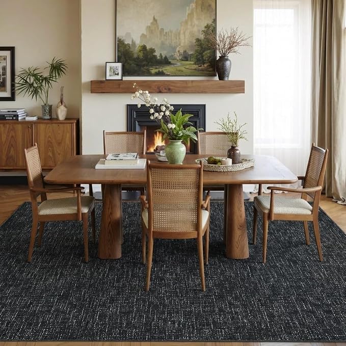 Garvee Washable Rugs 8x10 Solid Color Area Rugs for Living Room, Black | Modern Textured Non Slip Backing Low Pile Non Shedding Stain Resistant Neutral Rug for Dining Room Nursery Bedroom