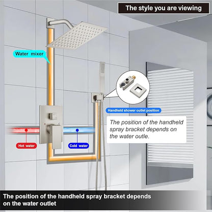 Midanya Shower Faucet Set,Wall Mount Shower System with Square Rain Shower Head and Hand Sprayer, Rough-in Valve Body and Trim Kit Included,8 Inch,Brushed Nickel