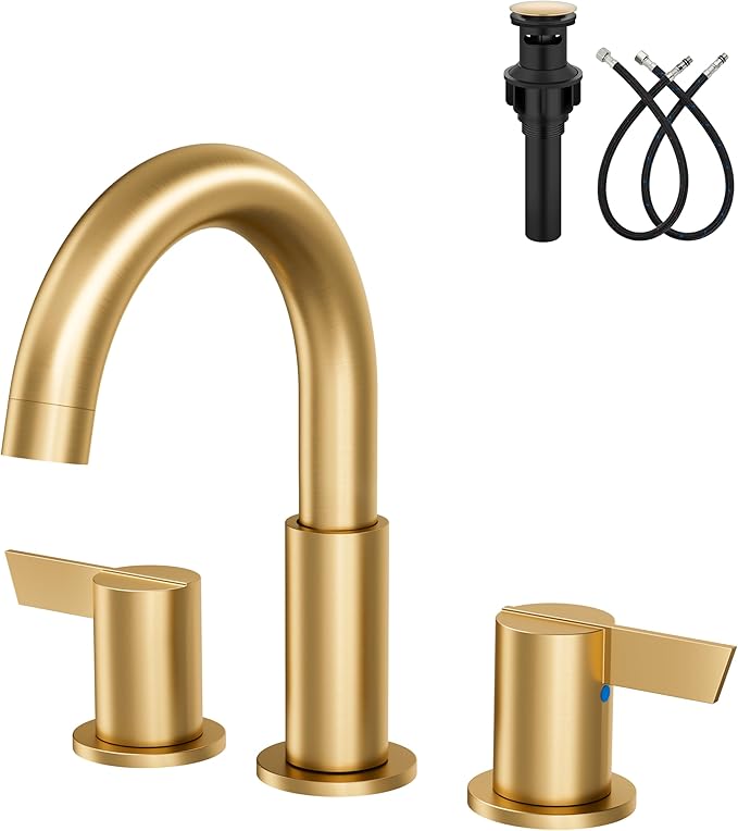 Bathroom Sink Faucet 3 Hole 8 Inch Widespread 2-Handle Vanity Faucet SUS304 Stainless Steel with Pop-Up Drain and Supply Lines Brushed Gold