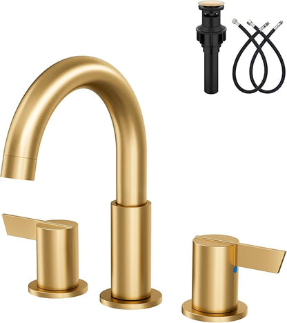 Bathroom Sink Faucet 3 Hole 8 Inch Widespread 2-Handle Vanity Faucet SUS304 Stainless Steel with Pop-Up Drain and Supply Lines Brushed Gold