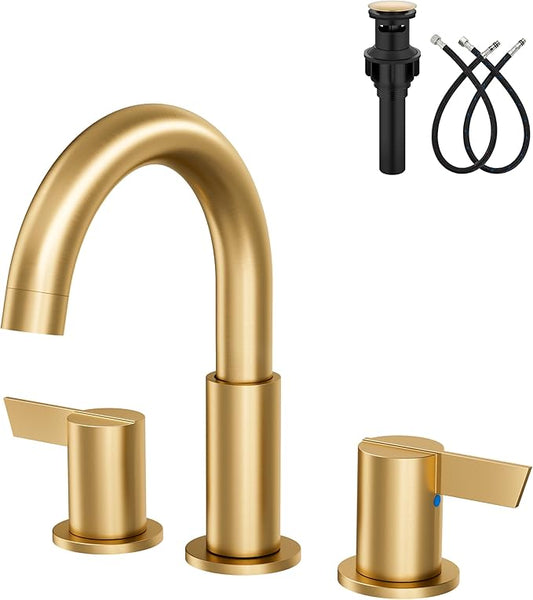 Bathroom Sink Faucet 3 Hole 8 Inch Widespread 2-Handle Vanity Faucet SUS304 Stainless Steel with Pop-Up Drain and Supply Lines Brushed Gold