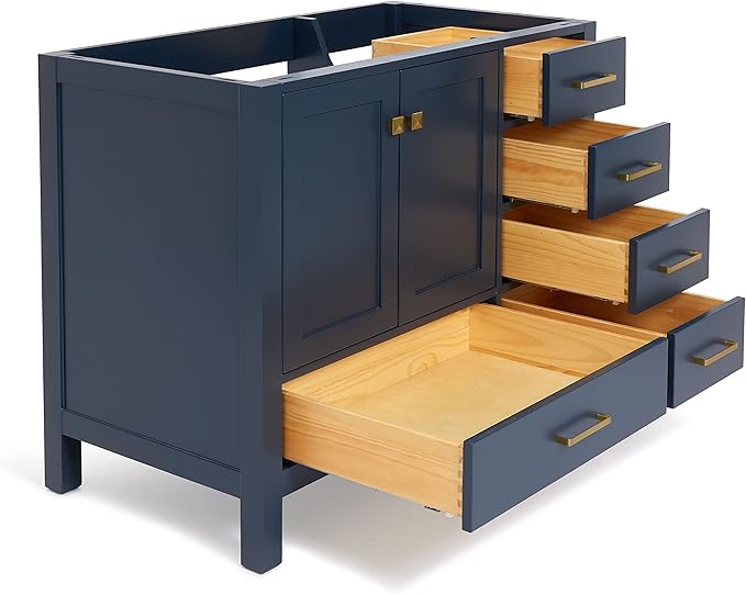 ARIEL Cambridge 42-inch Bathroom Vanity Base Cabinet,Solid Wood, 2 Soft Closing Doors, 5 Dovetail Drawers, Midnight Blue