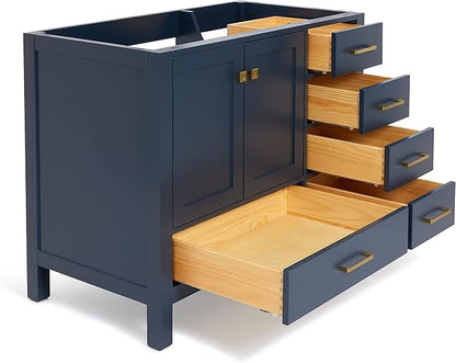 ARIEL Cambridge 42-inch Bathroom Vanity Base Cabinet,Solid Wood, 2 Soft Closing Doors, 5 Dovetail Drawers, Midnight Blue