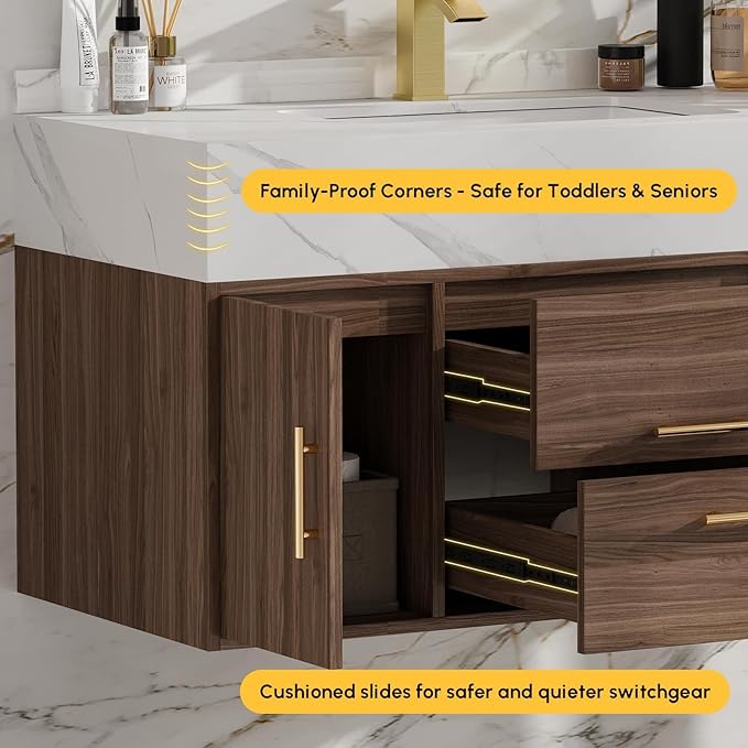 homary 39.4" Bathroom Vanity with Sink-Modern Bathroom Floating Vanity with Sintered Stone Countertop and 2 Drawers 2 Storage Cabinets, Undercounter Ceramic Sink, Walnut