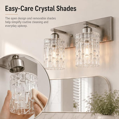 2-Light Nickel Crystal Bathroom Vanity Light Fixture Over Mirror, Modern Bathroom Wall Light for Living Room, Bedroom, Hallway