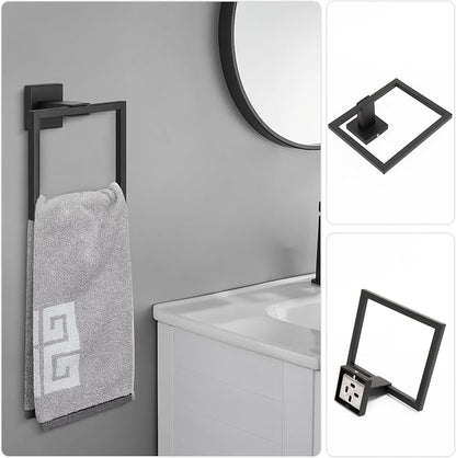 NearMoon 5 Pieces Bathroom Hardware Set 304 Stainless Steel, Square Towel Rack Kit - 24" Towel Rod + Towel Ring + Toilet Paper Holder + 2 Robe Hooks, Wall Mounted Bath Accessories (Matte Black)