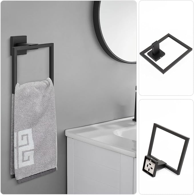 NearMoon 5 Pieces Bathroom Hardware Set 304 Stainless Steel - Square Towel Rack Set Include 16" Towel Rod + Towel Ring + Toilet Paper Holder + 2 Robe Towel Hooks Bathroom Accessories (Matte Black)