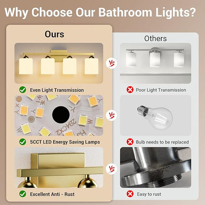 Quntis Gold Bathroom Light Fixtures 5 Colors Adjustable, 4-Light LED Bathroom Vanity Lighting with Milky White Frosted Glass Shade, Energy-Saving Light Over Mirror 28.3 inch