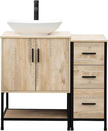 UEV 36" Rustic Oak Bathroom Vanity with Sink Combo,Industrial Iron Frame Bathroom Cabinet Sets with 3 Drawers Side Cabinet,Modern Artistic Ceramic Vessel Sink(032WH)