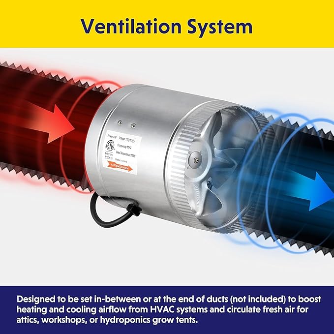 Simple Deluxe 6 Inch Inline Fan 240 CFM, HVAC Booster Exhaust Ventilation Fan with Low Noise for Basements, Bathrooms, Kitchens, Attics and Grow Tents, Silver