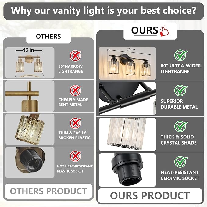3-Light Black Bathroom Light Fixture, Modern 20.9" Bathroom Vanity Light, Vanity Light with Clear Crystal Shades, E26 Base Wall Sconces Over Mirror for Bathroom, Bedroom, Hallway