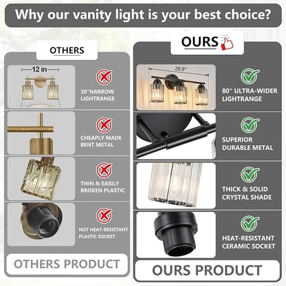 3-Light Black Bathroom Light Fixture, Modern 20.9" Bathroom Vanity Light, Vanity Light with Clear Crystal Shades, E26 Base Wall Sconces Over Mirror for Bathroom, Bedroom, Hallway
