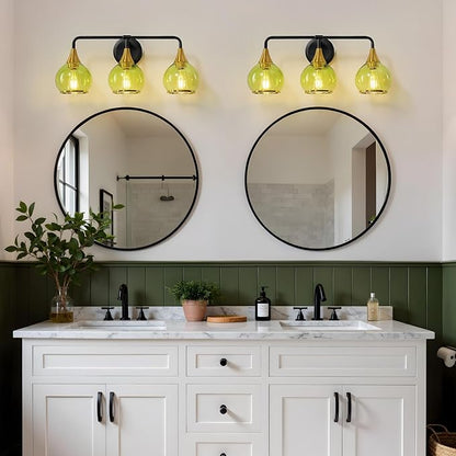 Black and Gold Bathroom Vanity Light 3-Lights Bathroom Light Fixtures Over Mirror with Green Clear Glass Shade 22.4 inch Wall Sconce Lighting Bath(Exclude E26 Bulb)