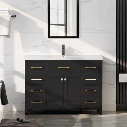 LUCKWIND 48" Modern Bathroom Vanity and Sink, Painted Bathroom Storage Cabinet with Single Resin Sink, Two Doors and Four Drawers, Include Faucet Without Mirror, Black