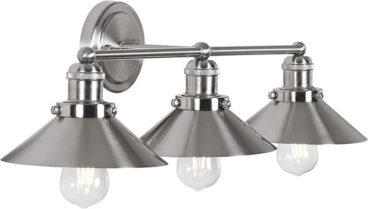 JONATHAN Y 26.5" Nickel 3-Light Industrial Farmhouse Metal Vanity Light Wall Sconce, Metal Shade for Bathroom Mirror, Kitchen, Entryway, LED Bulb Included (JYL7428B)