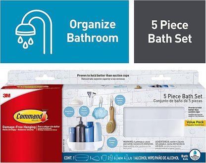 Command Bathroom Accessories, 5 Piece Bathroom Organizer Set - 1 Shower Caddy, 1 Soap Dish, 1 Toothbrush Holder, 2 Hooks with Water Resistant Strips