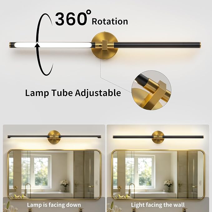 31" Modern Bathroom Vanity Light, Black and Gold Bathroom Light Fixture | Upgraded Bright 18W, 4000K, 360° Rotatable, CRI 90+, Brushed Gold Vanity Lights, LED Bathroom Lighting Fixtures over Mirror